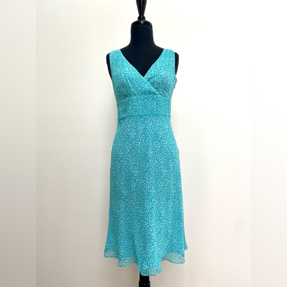 Ann Taylor- silk -aqua and pale blue print - v neck dress